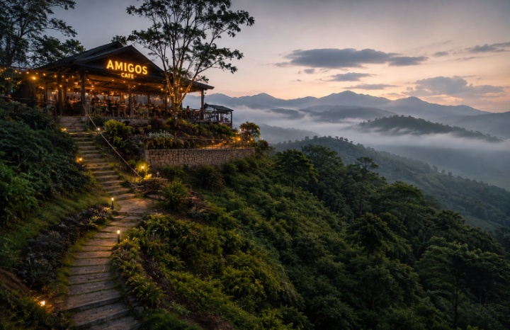 Amigos Café perched on a Coorg hillside at twilight, mist rising from the Western Ghats